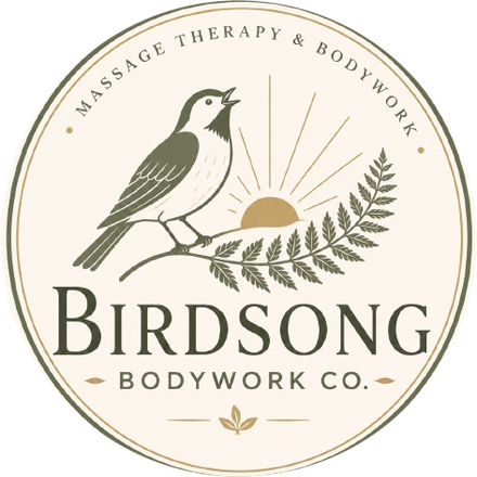 Birdsong Bodywork Co. logo: a songbird on a fern branch in front of a rising sun, with the words Massage Therapy and Bodywork
